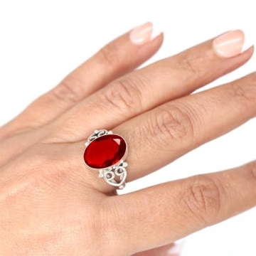 JEWELOPORIUM Red Ruby Simulated Silver Ring Size 9, 925 Sterling Silver Ring for Women, Oval Gemston...