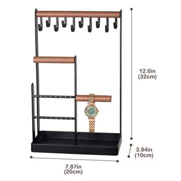 ProCase Jewelry Organizer Stand Holder, 4-Tier Tower Rack with Earring Tray and Holes, 10 Hooks Necklaces Hanging Storage Tree Display for Bracelets Watches Earrings Rings -Black