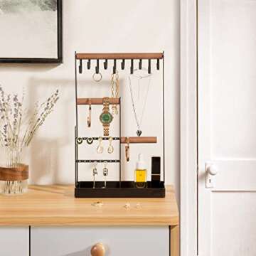 ProCase Jewelry Organizer Stand Holder, 4-Tier Tower Rack with Earring Tray and Holes, 10 Hooks Necklaces Hanging Storage Tree Display for Bracelets Watches Earrings Rings -Black