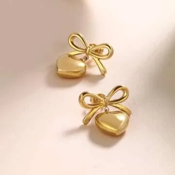 8YEARS Gold Bow Earrings for Women Dainty Ribbon Bow Stud Earrings Gold Dangle Drop Tassel Earrings Long Chain Earrings With 925 Sterling Silver Post Trendy Jewelry Gift (Gold Heart Butterfly)