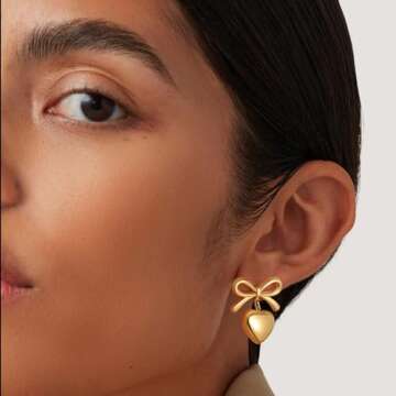 8YEARS Gold Bow Earrings for Women Dainty Ribbon Bow Stud Earrings Gold Dangle Drop Tassel Earrings Long Chain Earrings With 925 Sterling Silver Post Trendy Jewelry Gift (Gold Heart Butterfly)