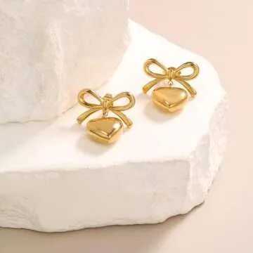 8YEARS Gold Bow Earrings for Women Dainty Ribbon Bow Stud Earrings Gold Dangle Drop Tassel Earrings Long Chain Earrings With 925 Sterling Silver Post Trendy Jewelry Gift (Gold Heart Butterfly)