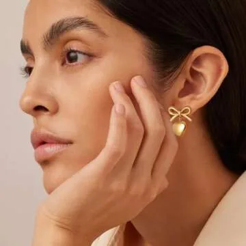 8YEARS Gold Bow Earrings for Women Dainty Ribbon Bow Stud Earrings Gold Dangle Drop Tassel Earrings Long Chain Earrings With 925 Sterling Silver Post Trendy Jewelry Gift (Gold Heart Butterfly)