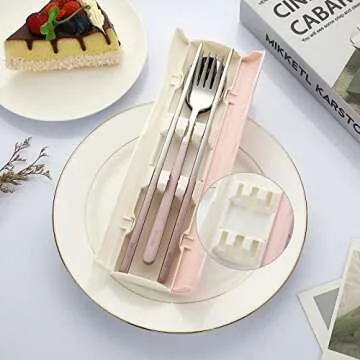 DEVICO Portable Travel Utensils with Case, Reusable Camping Silverware for Lunch, 18/8 Stainless Steel Cutlery Set (Pink)