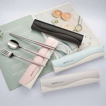 DEVICO Portable Travel Utensils with Case, Reusable Camping Silverware for Lunch, 18/8 Stainless Steel Cutlery Set (Pink)