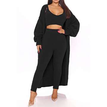 Fixmatti Women 3 Piece Lounge Set Fuzzy Outfits Tank Top High Waist Leggings Cover Up Robe Black S