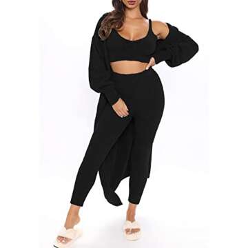 Fixmatti Women 3 Piece Lounge Set Fuzzy Outfits Tank Top High Waist Leggings Cover Up Robe Black S