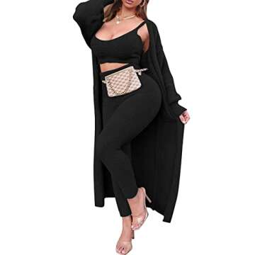 Fixmatti Women 3 Piece Lounge Set Fuzzy Outfits Tank Top High Waist Leggings Cover Up Robe Black S