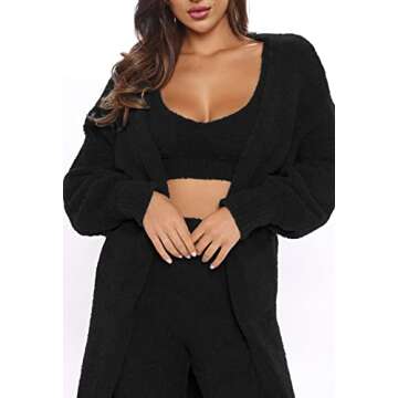 Fixmatti Women 3 Piece Lounge Set Fuzzy Outfits Tank Top High Waist Leggings Cover Up Robe Black S
