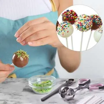 Cake Pop Maker Kit Including Lollipop Sticks and Clear Acrylic Display Stand, Metal Baller Scoop, Culinary Decorating Scooper, Clear Parcel Bags,Twist Ties