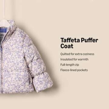 Amazon Essentials x Sofia Grainge Baby Girls' Taffeta Puffer Jacket, Blue Ivory Delicate Floral, 24 ...