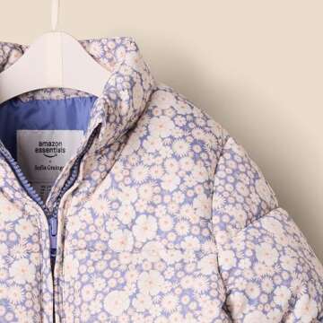 Amazon Essentials x Sofia Grainge Baby Girls' Taffeta Puffer Jacket, Blue Ivory Delicate Floral, 24 Months
