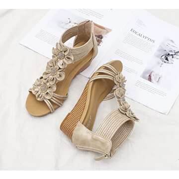 BEUTHOEM Women Wedge Sandals Gold Floral Summer Comfort