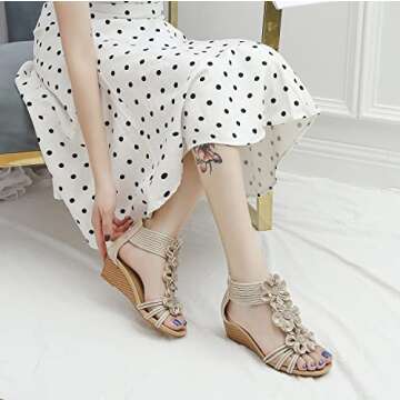 BEUTHOEM Women Wedge Sandals Gold Floral Summer Comfort