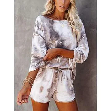 KIKIBERRY Women's Tie Dye Long Sleeve Pajamas Set with Short Pockets 2 Piece Outfits Casual Lounge Sweatsuit PJ Set White & Brown Medium