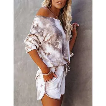 KIKIBERRY Women's Tie Dye Long Sleeve Pajamas Set with Short Pockets 2 Piece Outfits Casual Lounge Sweatsuit PJ Set White & Brown Medium