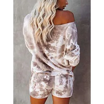 KIKIBERRY Women's Tie Dye Long Sleeve Pajamas Set with Short Pockets 2 Piece Outfits Casual Lounge Sweatsuit PJ Set White & Brown Medium