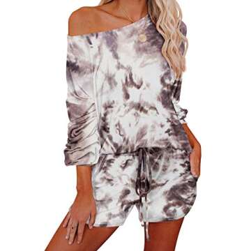 KIKIBERRY Women's Tie Dye Long Sleeve Pajamas Set with Short Pockets 2 Piece Outfits Casual Lounge Sweatsuit PJ Set White & Brown Medium