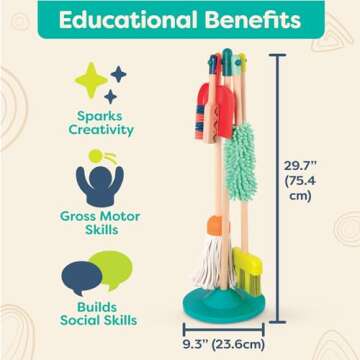 B. toys- Clean n' Play- Pretend Play Wooden Cleaning Set- Playset for Toddlers – Broom, Dustpan, Brush- 2 Years +