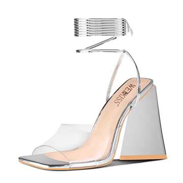 WETKISS Silver Strappy Heels, Lace up Heels for Women, Tie up Square Toe PVC Clear Sandals Block Chunky Heels