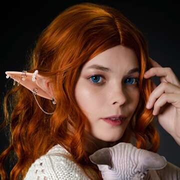 FRESHME Elf Ears with Piercings Earring Cuffs Set - Cosplay Fairy Pixie Ears with Pearl Earrings Cha...
