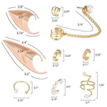 FRESHME Elf Ears with Piercings Earring Cuffs Set - Cosplay Fairy Pixie Ears with Pearl Earrings Chain Set, Non-Piercing Cartilage Ear Clip for Christmas Renaissance Halloween Custome Photoshoot