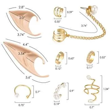 FRESHME Elf Ears with Piercings Earring Cuffs Set - Cosplay Fairy Pixie Ears with Pearl Earrings Chain Set, Non-Piercing Cartilage Ear Clip for Christmas Renaissance Halloween Custome Photoshoot
