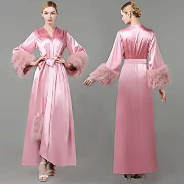 BATHGOWN Women's Robe Fur Nightgown Bathrobe Sleepwear Feather Bridal Robe with Belt