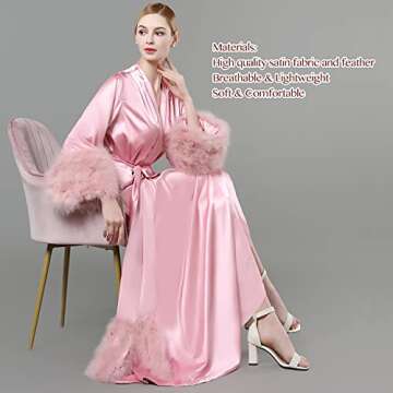 BATHGOWN Women's Robe Fur Nightgown Bathrobe Sleepwear Feather Bridal Robe with Belt