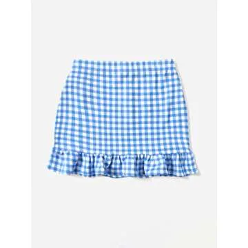 Milumia Women's Casual Plaid Ruffle Hem Mini Skirt Summer High Waisted Bodycon Skirts Blue and White X-Large