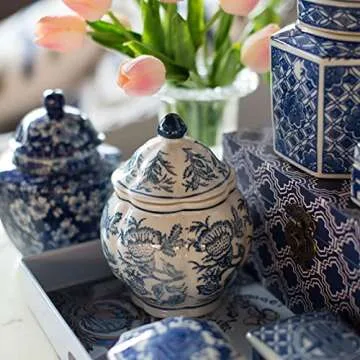 A&B Home 5" Decorative Porcelain Jars Set of 3 Glazed Hand Painted Blue White Ceramic Vase with Lid Centerpiece Ginger Jar Asian Décor