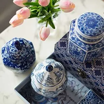 A&B Home 5" Decorative Porcelain Jars Set of 3 Glazed Hand Painted Blue White Ceramic Vase with Lid Centerpiece Ginger Jar Asian Décor