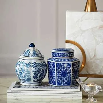 A&B Home 5" Decorative Porcelain Jars Set of 3 Glazed Hand Painted Blue White Ceramic Vase with Lid Centerpiece Ginger Jar Asian Décor