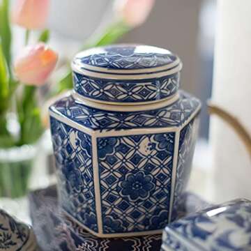 A&B Home 5" Decorative Porcelain Jars Set of 3 Glazed Hand Painted Blue White Ceramic Vase with Lid Centerpiece Ginger Jar Asian Décor