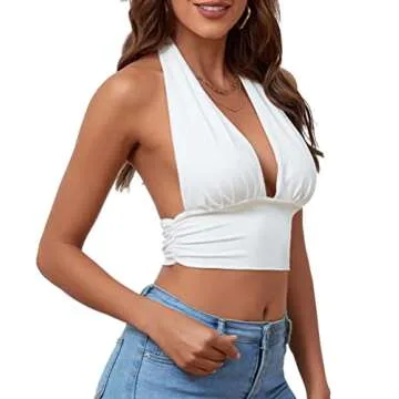 Rooscier Women's Deep V Neck Halter Tie Back Sleeveless Backless Cami Crop Top White X-Small