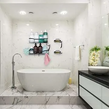 Adhesive Shower Caddy Shelf, 4 Pack No Drilling Wall Mounted Shower Organizer with 4 Hooks and 2 Soap Holders for Bathroom Washroom Inside Shower, Stainless Steel Rustproof Shower Rack for Kitchen