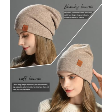 Wool Cashmere Slouchy Beanie Warm Reversible Unisex Hat
