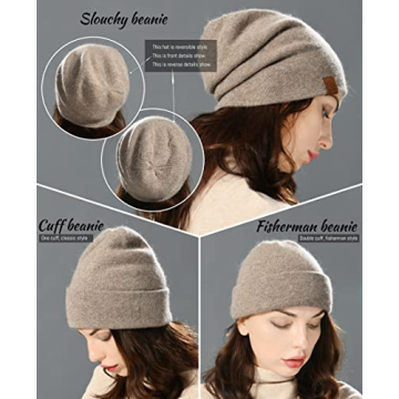 Wool Cashmere Slouchy Beanie Warm Reversible Unisex Hat