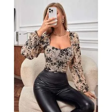 GORGLITTER Women’s Floral Long Sleeve Square Neck Top