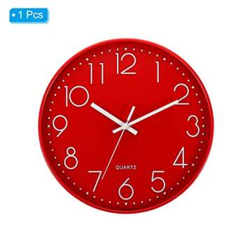 PATIKIL 12 Inch Wall Clock, Battery Operated Silent Non-Ticking Round Wall Clocks for Office Bedroom Decorative, Red