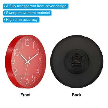 PATIKIL 12 Inch Wall Clock, Battery Operated Silent Non-Ticking Round Wall Clocks for Office Bedroom Decorative, Red