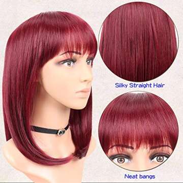 GOWIT Red Bob Wig 14 Inch Straight Wig with Flat Bangs Cosplay Wig for Women Synthetic Heat Resistant Bob Wigs for Daily Party Use (14",Burgundy)