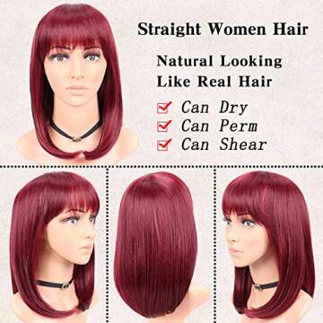 GOWIT Red Bob Wig 14 Inch Straight Wig with Flat Bangs Cosplay Wig for Women Synthetic Heat Resistant Bob Wigs for Daily Party Use (14",Burgundy)