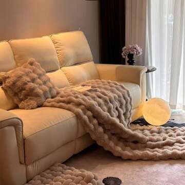 SHEKAKO Rabbit Plush Faux Fur Blanket, Thick and Warm Blanket for All Seasons, Soft and Fuzzy Furry Throw Blanket for Couch Sofa Bed, Thermal Cozy Decorative Blanket (Beige,51.2×63inch/130×160cm)