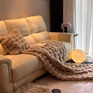 SHEKAKO Rabbit Plush Faux Fur Blanket, Thick and Warm Blanket for All Seasons, Soft and Fuzzy Furry Throw Blanket for Couch Sofa Bed, Thermal Cozy Decorative Blanket (Beige,51.2×63inch/130×160cm)