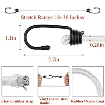 ZHOUBIN 18 inch Bungee Cords with Hooks - White Bungee Cords 6 Pcs