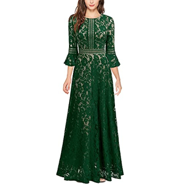 MISSMAY Women's Vintage Full Lace Contrast Bell Sleeve Formal Long Dress (Medium, C-Green)