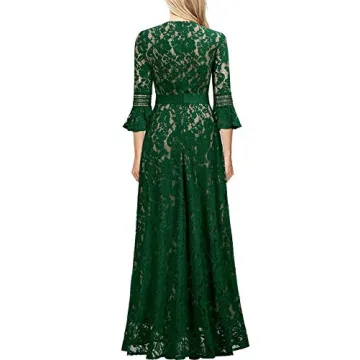 MISSMAY Women's Vintage Full Lace Contrast Bell Sleeve Formal Long Dress (Medium, C-Green)