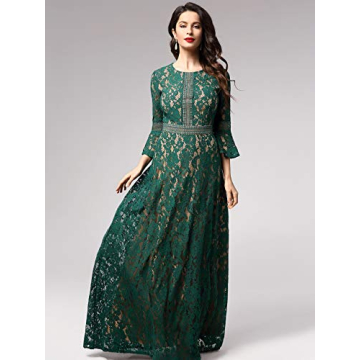 MISSMAY Women's Vintage Full Lace Contrast Bell Sleeve Formal Long Dress (Medium, C-Green)