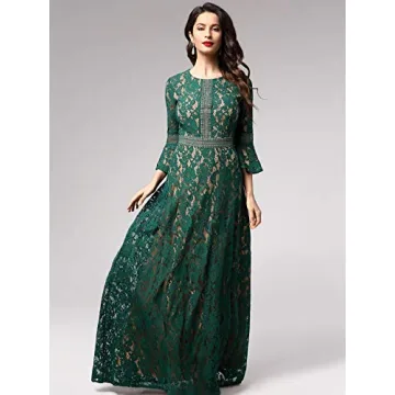 MISSMAY Women's Vintage Full Lace Contrast Bell Sleeve Formal Long Dress (Medium, C-Green)